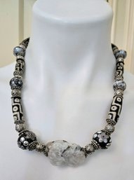 A True Statement Piece!  Monochrome Necklace With Tibetan Dzi Agate Beads And Large Raw Quartz Stone