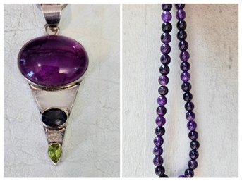 Gorgeous Artisan Sterling Pendant With Amethyst Plus Gem Quality Amethyst Beaded Necklace 18'