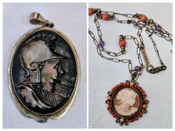 Vintage Victorian & Roman Inspired Cameo Pendants - One Designer Piece With Beaded Open Link Chain