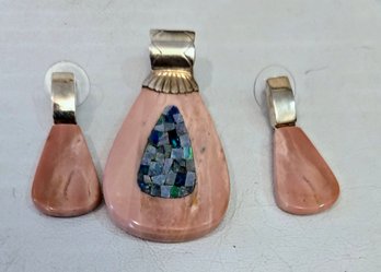 3 Piece Sterling And Rose Quartz Jewelry - Slab Earrings And Pendant With Mosaic Abalone Inlay