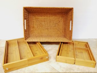 Large Rattan Storage Basket With Two Bamboo Drawer Organizers
