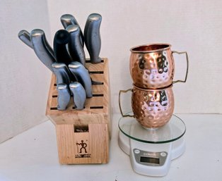 J.A. Henckels Knife Set And Holder, Hammered Copper 'moscow Mule' Mugs & Conair Kitchen Scale