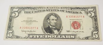 1963 Red Seal $5 Dollar Bill (60 Years Old) U S Bank Note