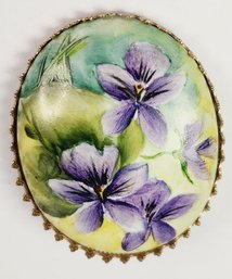 Vintage Hand Painted Flowers On Gold Tone Pin/ Brooch