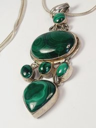 New Beautiful Sterling Silver Green Malachite Stone Large Pendant And Necklace