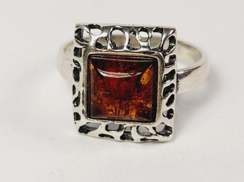 New Sterling Silver AMBER (Lots Of Fossils) Stone Ring