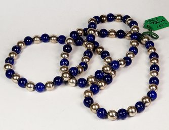 Vintage Sterling Silver And Lapis Stone Beaded Large Necklace