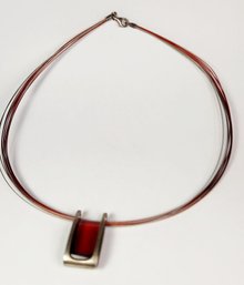 UNiQUE Sterling Silver Red Stone  Pendant And Layered Wire Necklace