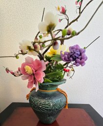 Semi Precious Asian Stone Floral Arrangement In Vintage Celadon Glazed Vase