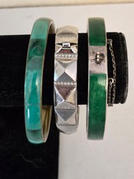 Trio Of Vintage Silver Bangle Bracelets - One Is Sterling And Guilloche Enamel Inlay