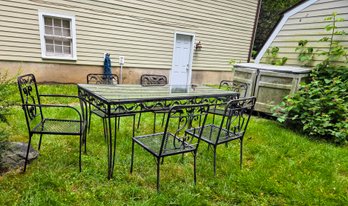 Vintage Foundry Wrought Iron Glass Top Patio Dining Table And 6 Chairs With Scrollwork