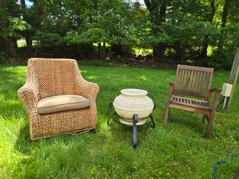 Lovely Wicker Armchair, Teak Arm Chair , Composite Material Pot With Metal Stand Missing Glass Top