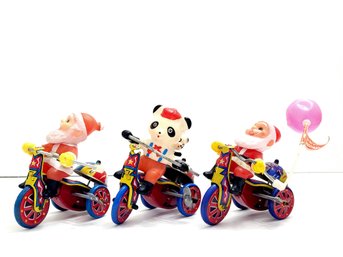 Lot Of 3 Tin Windup Toys - Santa & Pandas Riding Tricycle GOOD WORKING COND 4.5' Long Made In Korea