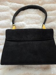 Vintage 1950s Koret Designer Black Suede Leather Handbag With Yellow Gold Findings And Red Interior