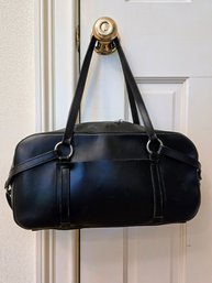 Michael Kors Black Leather Barrel Bag With Brushed Silver Zipper And Ring Findings