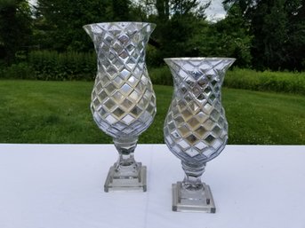 Pair Of Silver Glass Hurricane Candle Holders