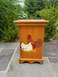 Vintage Wooden Hand Crafted & Hand Painted Roosters Trash Bin - Signed