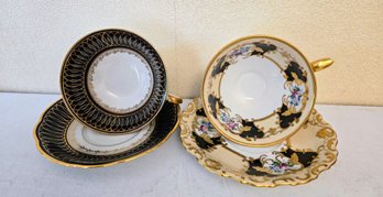 Vintage Gilded German Tea Cups & Saucers - Schwarzenhammer Bavaria & JKW Karlsbad Hand Malerei