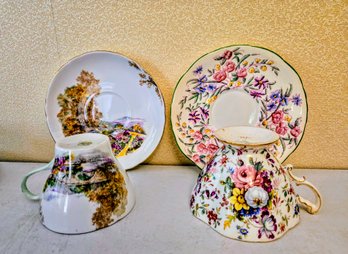 Vintage English Bone China Tea Cups & Saucers - Hammersley Bridal And Shelley Heather Patterns