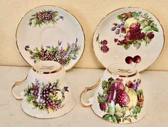 Pair Of Vintage Regency English Bone China Tea Cups & Saucers With Fruit Pattern And Gold Trim