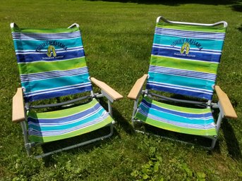 Two Tommy Bahama Green & Blue Striped Folding Beach Chairs