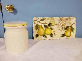 Heartland Home Bee Hive Lidded Canister & Maxcera Sketch Pear Oblong Pottery Tray