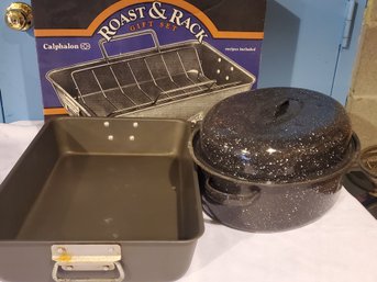Roasting Pans - Caphalon Roast & Rack & Oval Lidded Speckled Enamel Roaster