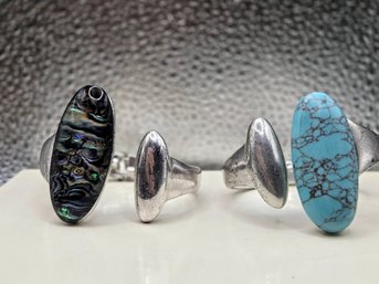 Gorgeous Robert Lee Morris Designer Burnt Silver Cuff Bracelets With Polished Turquoise And Abalone Inlay