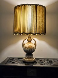 Vintage Victorian Gold Leaf Bisque Porcelain Lamp With Ruched Tulle Drum Shade With Fancy Cording