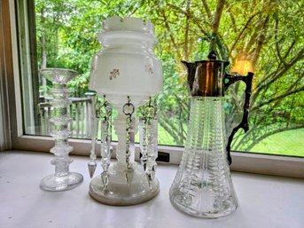 Lovely Victorian Milk Glass Mantle/parlor/boudoir Light With Hanging Prism Crystals