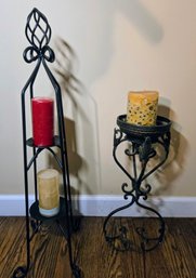 Pair Of Black Metal Tower Pillar Style Candle Stands