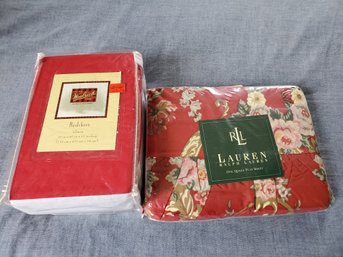 New Red Woolrich Queen Bedskirt & Ralph Lauren Floral Queen Flat Sheet