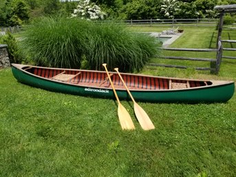 Mansfield Adirondack Fiberglass Green Canoe 15' With Lifevests & Wood Paddles