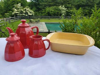 Chantal Mustard Yellow Ceramic Baker & Three Piece Red Tea Set