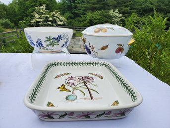 Trio Of Painted Ceramic & Porcelain Baking & Serveware - Boehm, Botanic Garden & Royal Worcester