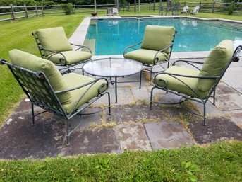 Four Brown Jordan Verigris Patinated Patio Table & Chairs - Includes Cover & Green Cushions