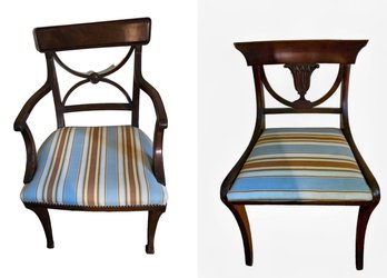 Carved Antique Mahogany Formal Dining Chairs With Striped Upholstery