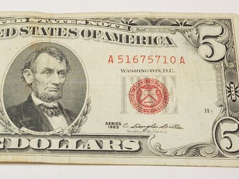 1963 Red Seal $5 Dollar Bill (70 Years Old) U S Bank Note