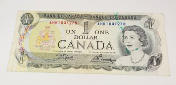 Vintage  1973 One Dollar Canadian Bill - Queen Elizabeth Foreign Paper Money