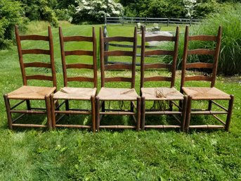 Five Antique Ladder Back Chairs With Woven Rush Seats