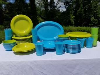 Large Lot Of Studio Nova Green & Blue Plastic Outdoor Dining Ware - 46 Pieces