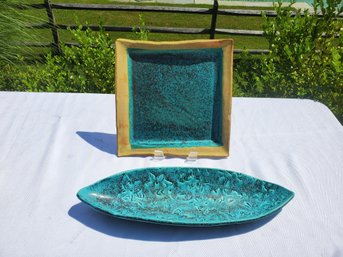 Two Teal Green Handmade Pottery Serving Trays