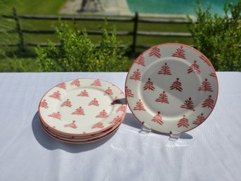 Set Of Four Matceramica Portugal White & Red Christmas Tree Luncheon / Salad Plates