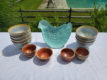 Pottery Assortment - Magenta Bird Shaped Tray & Assortment Of Bowls Including Pacifica Ceramics