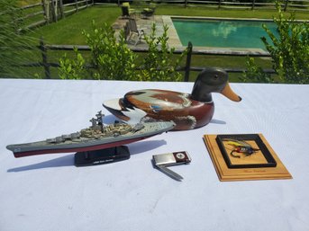 Man Cave Lot-dept 56 Blue Doctor Fly Lure, Kershaw Money Clip Knife Combo, Motor Max USS New Jersey Model