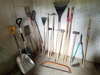 Assortment Yard And Garden Tools Including Rubbermaid Tool Storage Holder