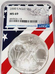 2000 SILVER EAGLE Graded NGC MS69 EARLY RELEASE American Flag Slab -  Hard To Find