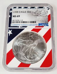 1998 SILVER EAGLE Graded NGC MS69 EARLY RELEASE American Flag Slab -  Hard To Find