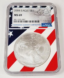 2004 SILVER EAGLE Graded NGC MS69 EARLY RELEASE American Flag Slab -  Hard To Find