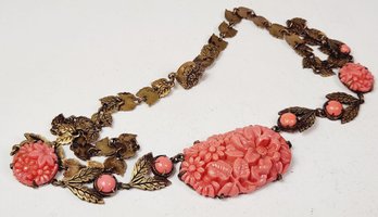 Antique ...... Art Nouveau Carved Pink  Coral Flower Beaded Chain Pendant Necklace